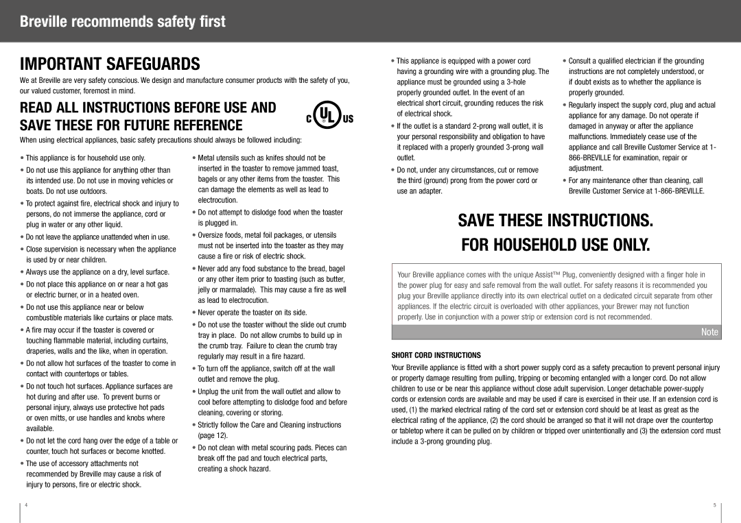 Breville BTA820XL manual Breville recommends safety first 