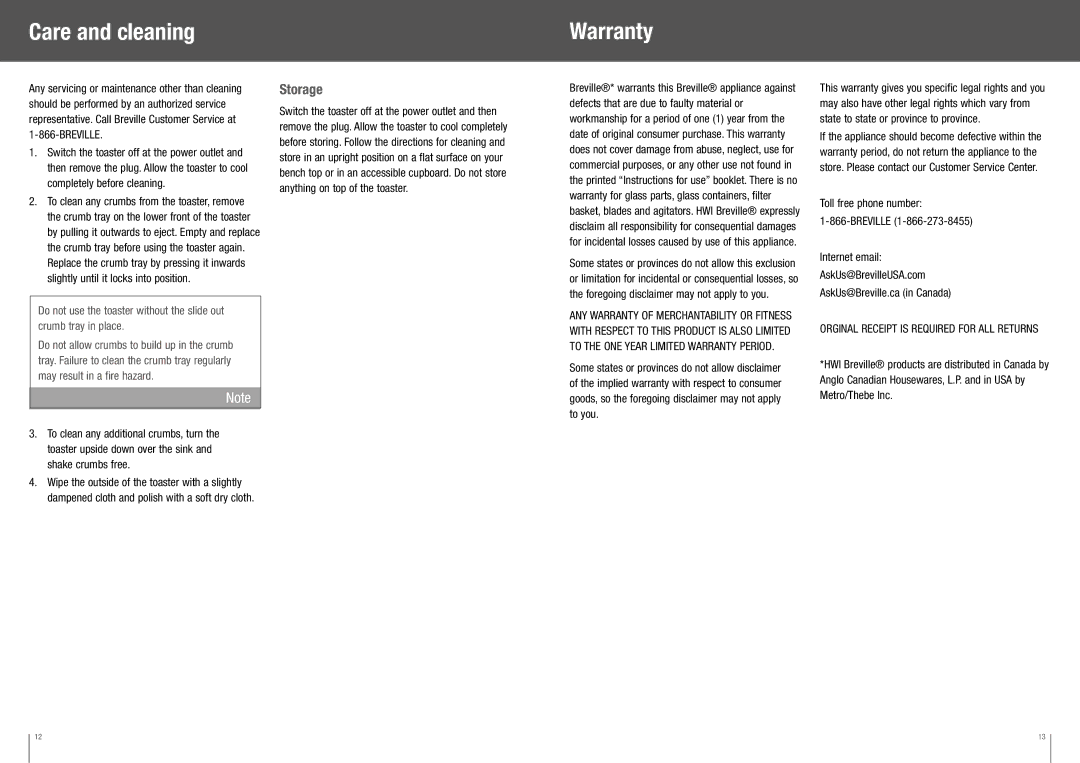 Breville BTA820XL manual Care and cleaning Warranty, Storage 