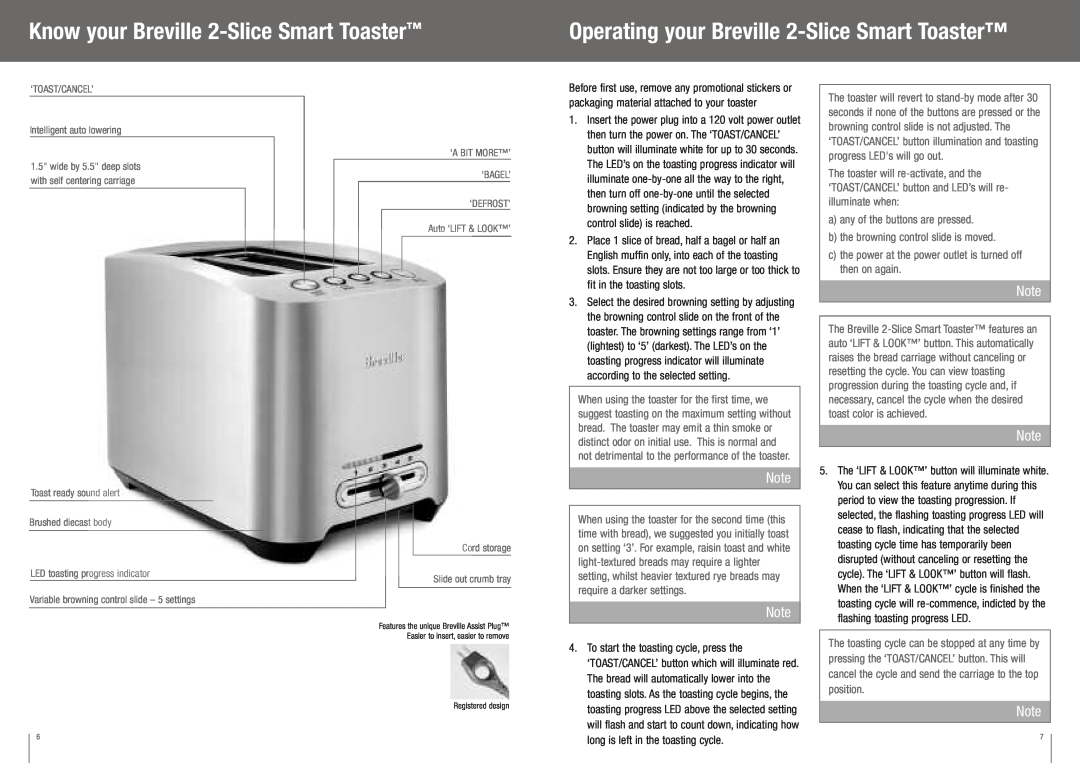 Breville BTA820XL manual Know your Breville 2-SliceSmart Toaster, Operating your Breville 2-SliceSmart Toaster 