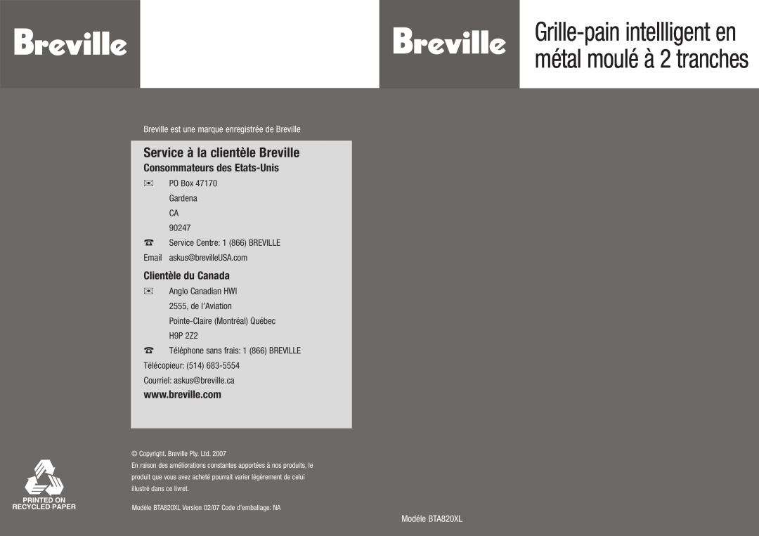 Breville manual Service à la clientèle Breville, Consommateurs des Etats-Unis, Clientèle du Canada, Modéle BTA820XL 