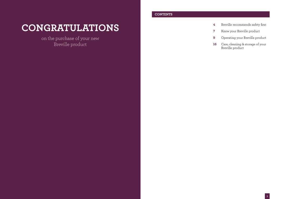 Breville BTA830, BTA825, BTA845 brochure Congratulations, Contents 