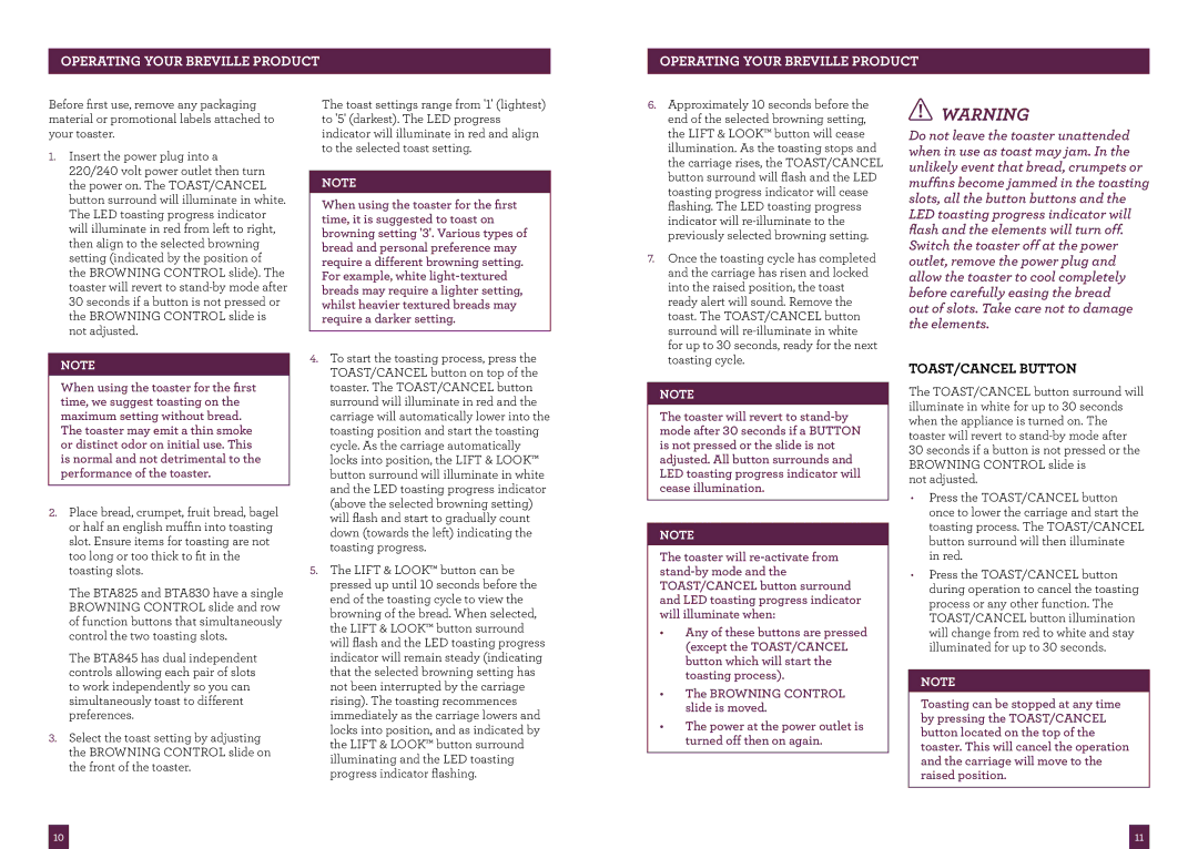 Breville BTA825, BTA845, BTA830 brochure PAgeOperatinghe deryour..... Breville Product, Toast/Cancel Button 