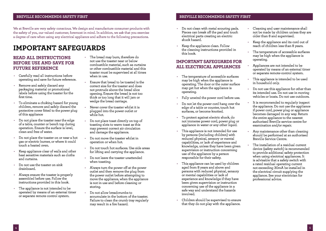 Breville BTA825 Important safeguards, Breville recommends safety first, Important Safeguards For All Electrical Appliances 