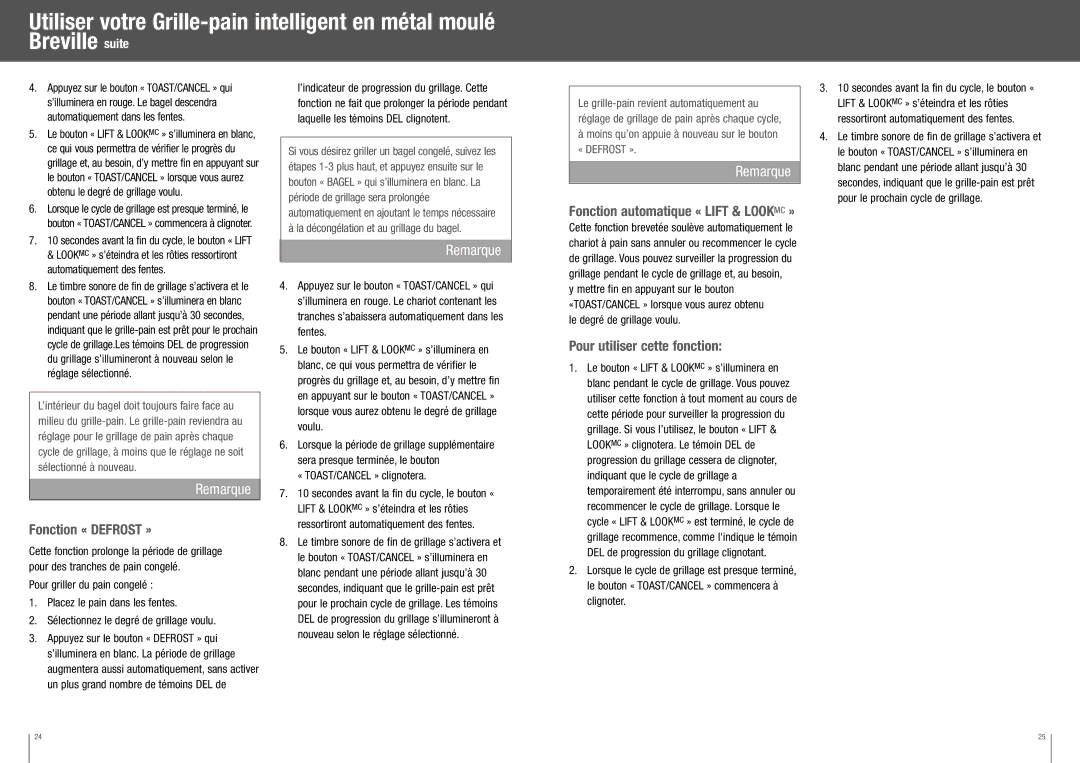 Breville BTA840XL manual Fonction « Defrost », Pour utiliser cette fonction, « TOAST/CANCEL » clignotera 