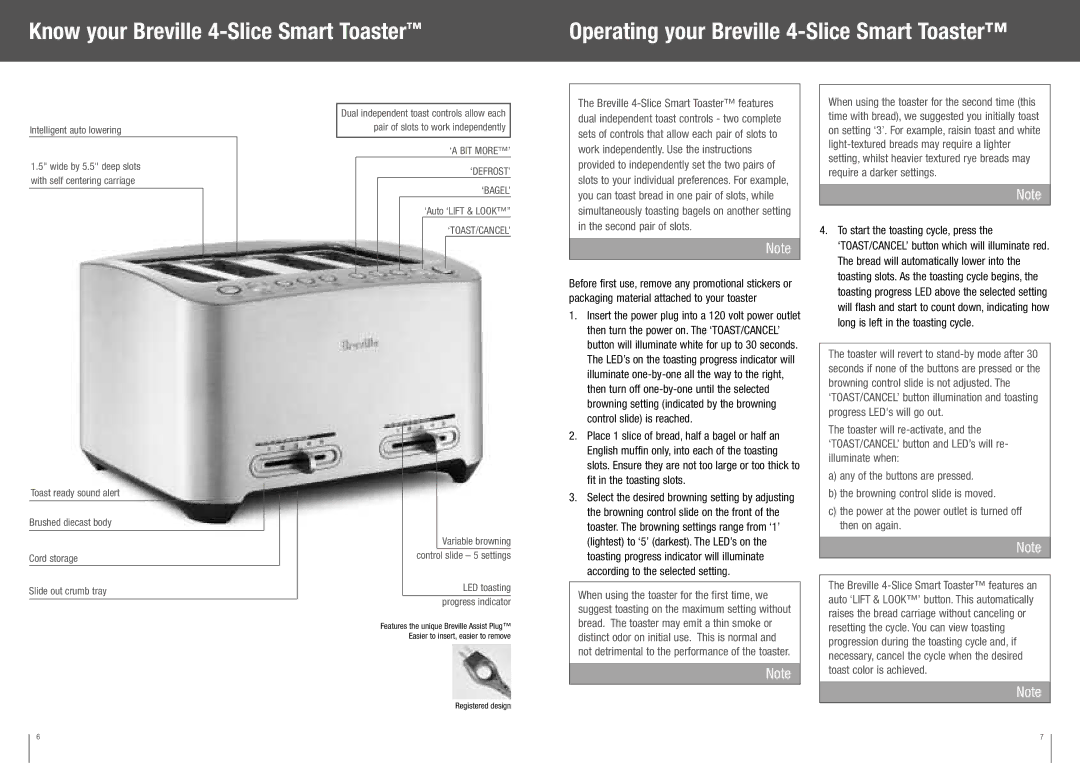 Breville BTA840XL manual Know your Breville 4-Slice Smart Toaster, Operating your Breville 4-Slice Smart Toaster 