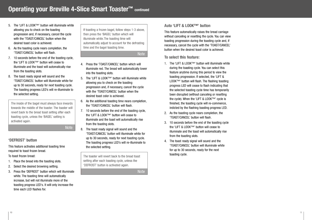 Breville BTA840XL manual ‘DEFROST’ button, Auto ‘LIFT & LOOK’ button, To select this feature 