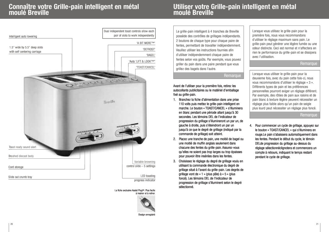 Breville BTA840XL manual Connaître votre Grille-pain intelligent en métal moulé Breville, Remarque, sélectionné 