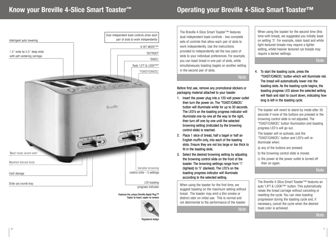 Breville BTA840XL manual Know your Breville 4-Slice Smart Toaster, Operating your Breville 4-Slice Smart Toaster 