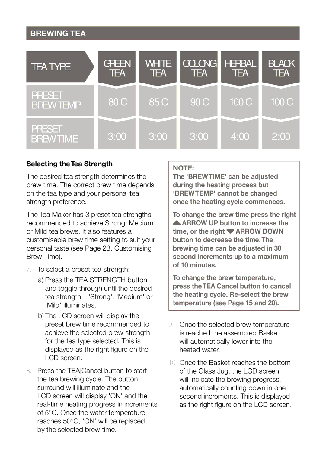 Breville BTM800 manual Brew Time, Selecting theTea Strength 