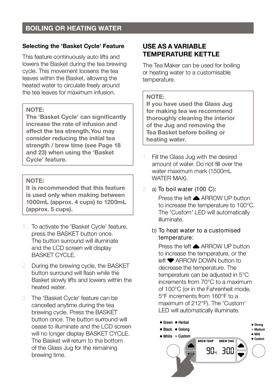 Breville BTM800 manual Boiling or Heating Water, Use as a variable temperature kettle, Selecting the Basket Cycle Feature 