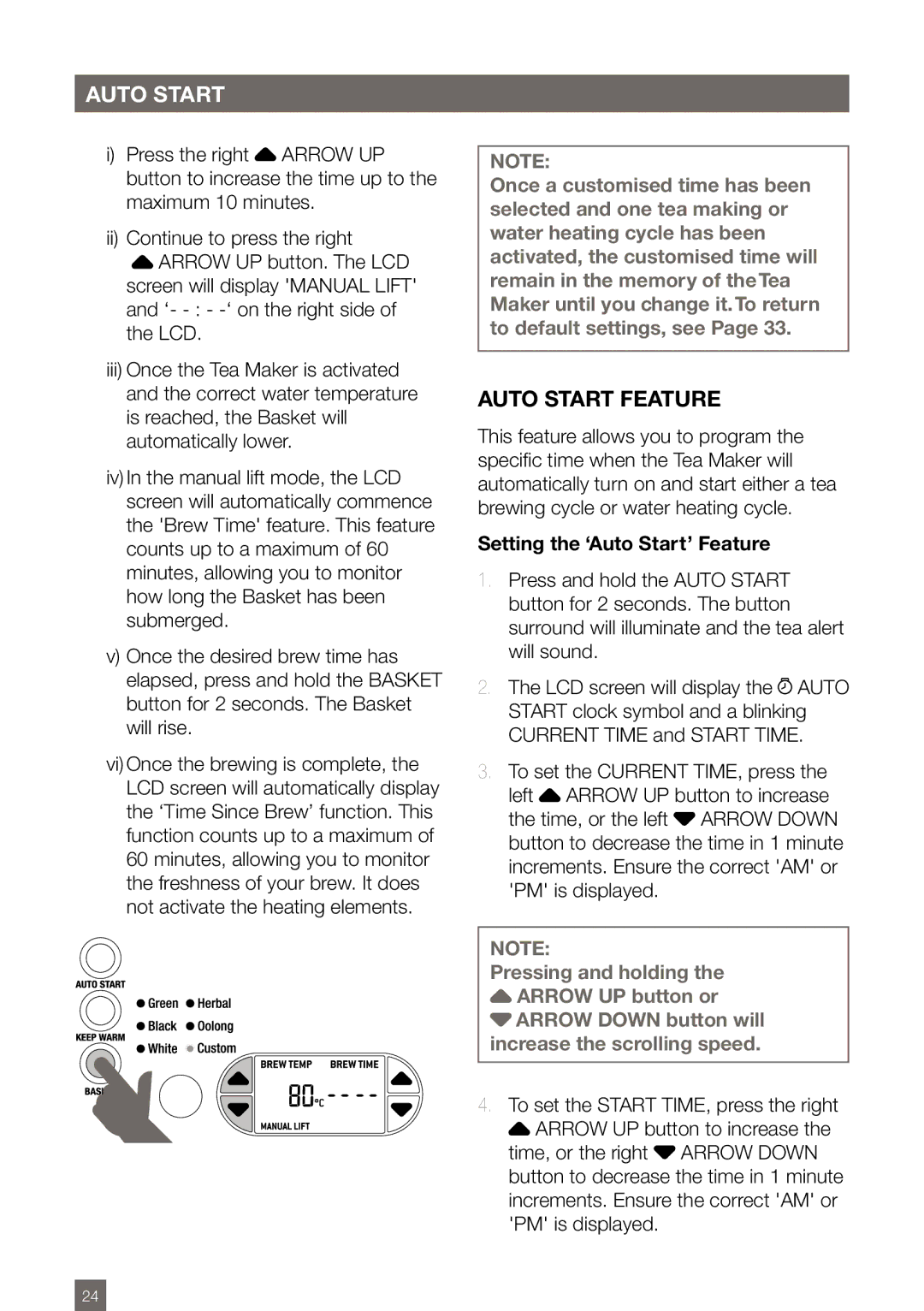 Breville BTM800 manual Auto Start Feature, Setting the ‘Auto Start’ Feature 