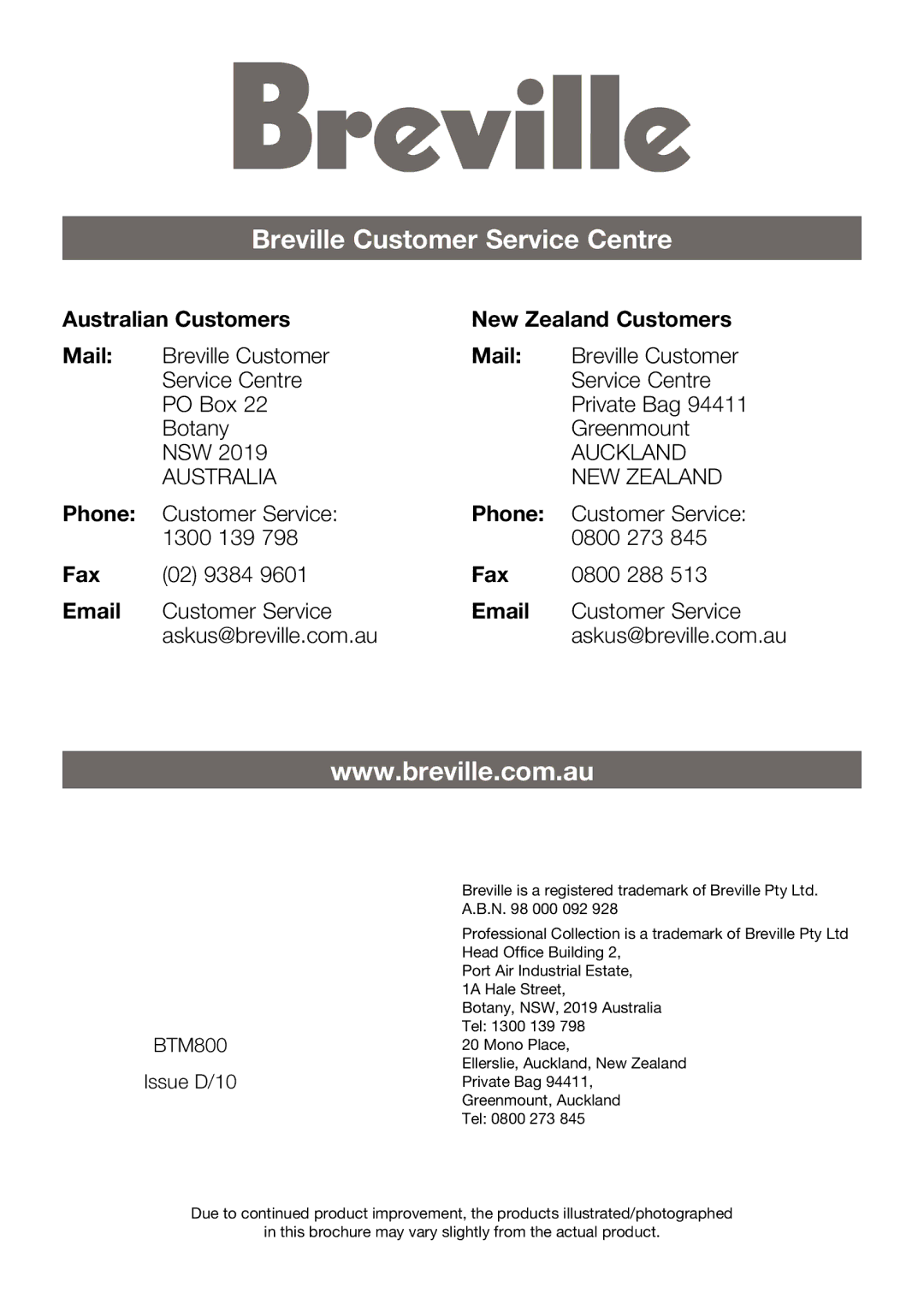 Breville BTM800 manual Australian Customers New Zealand Customers Mail, Phone, Fax 