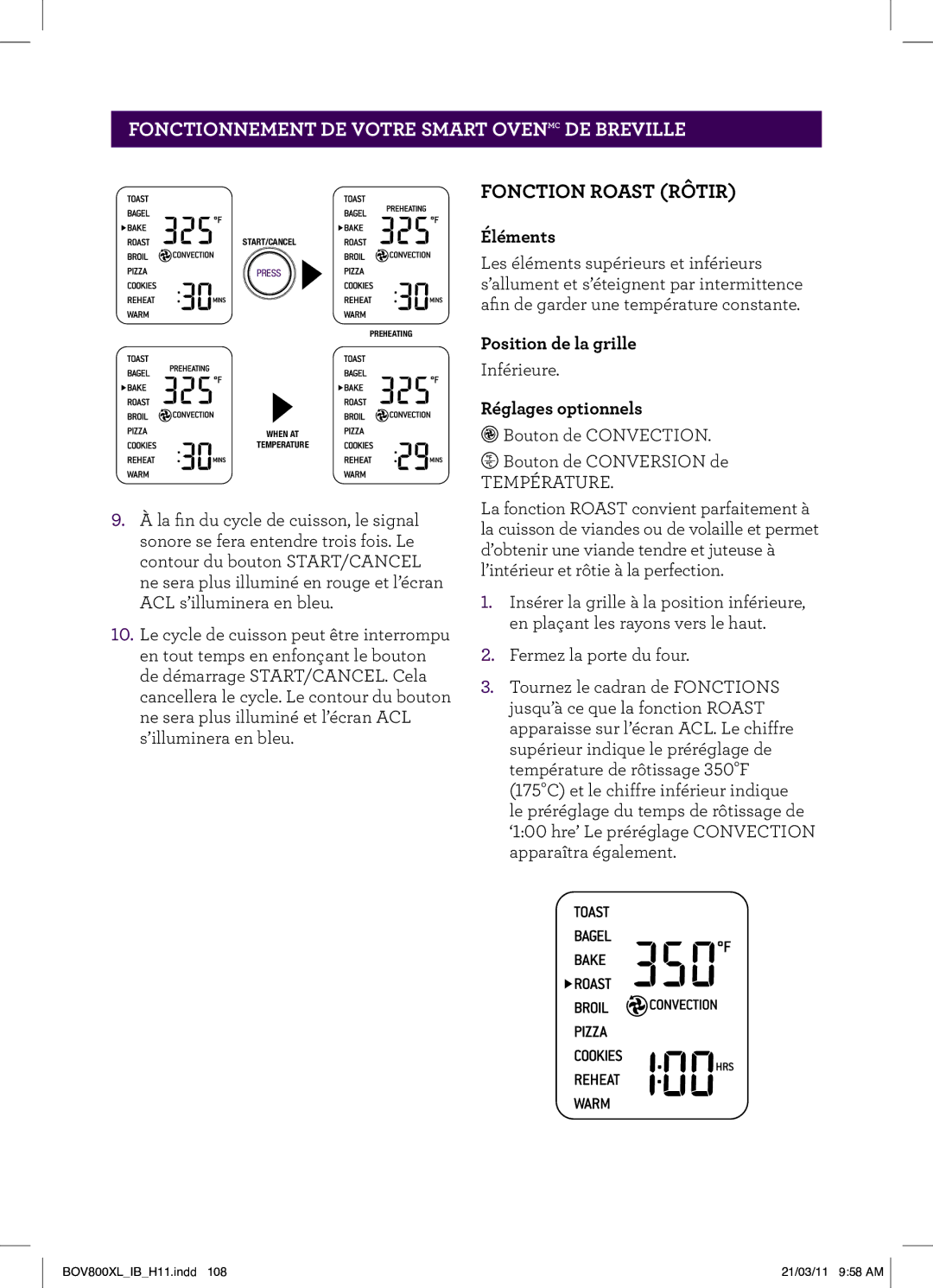 Breville BTM800XL Stainless, BOV800XL manual Fonction Roast Rôtir, Éléments 