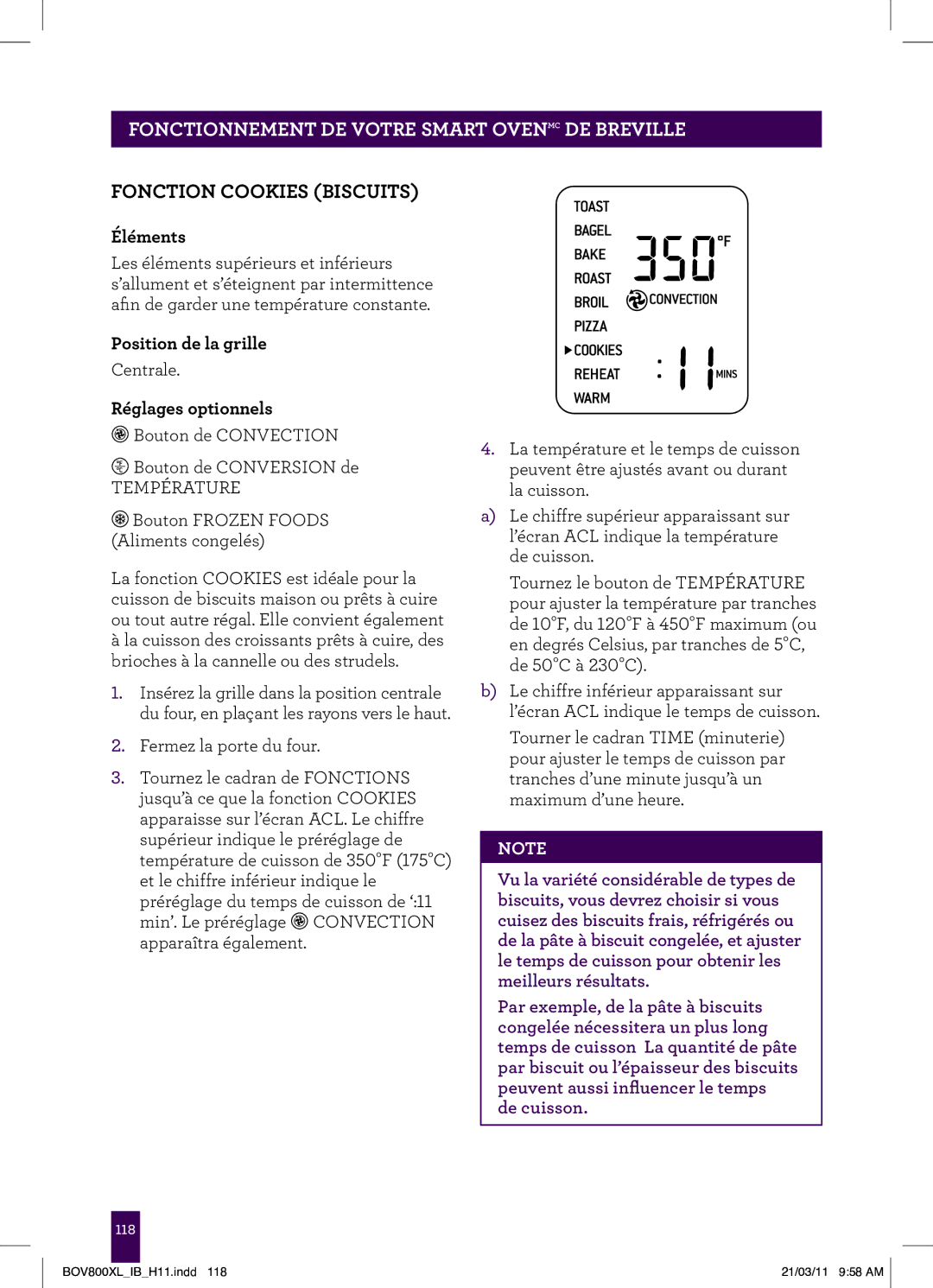 Breville BTM800XL Stainless, BOV800XL manual Fonction Cookies biscuits, Éléments 