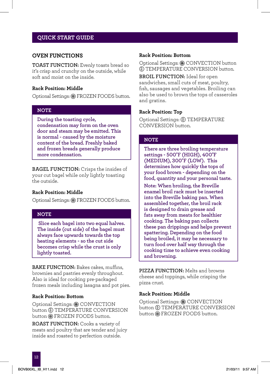Breville BTM800XL Stainless, BOV800XL manual Oven Functions, Rack Position Middle, Rack Position Bottom 