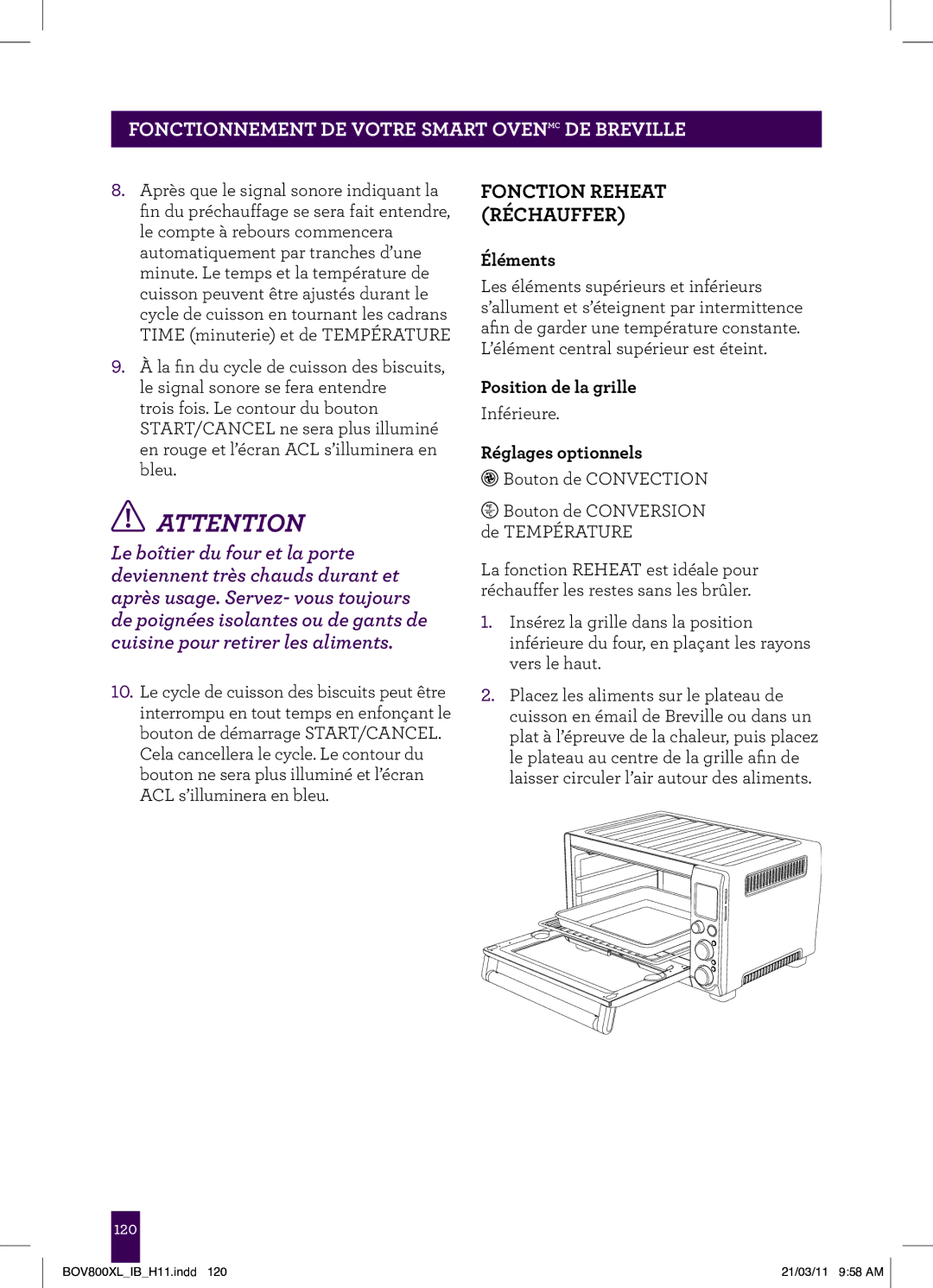 Breville BTM800XL Stainless, BOV800XL manual Fonction Reheat Réchauffer 