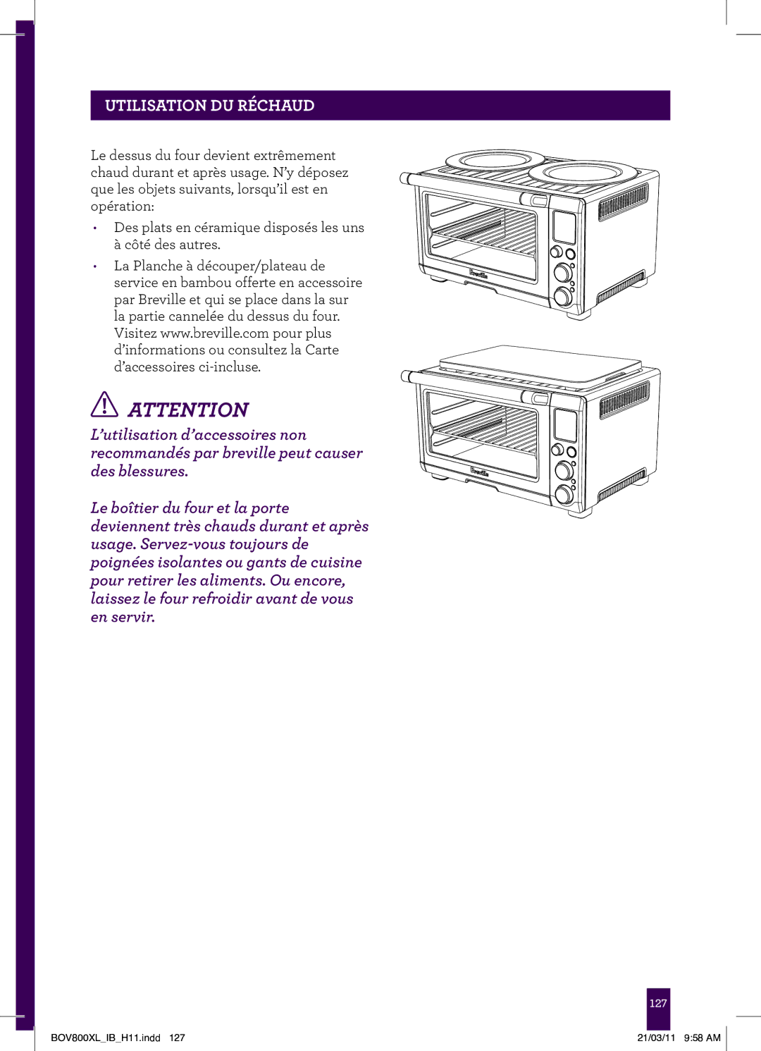 Breville BOV800XL, BTM800XL Stainless manual Utilisation du réchaud 