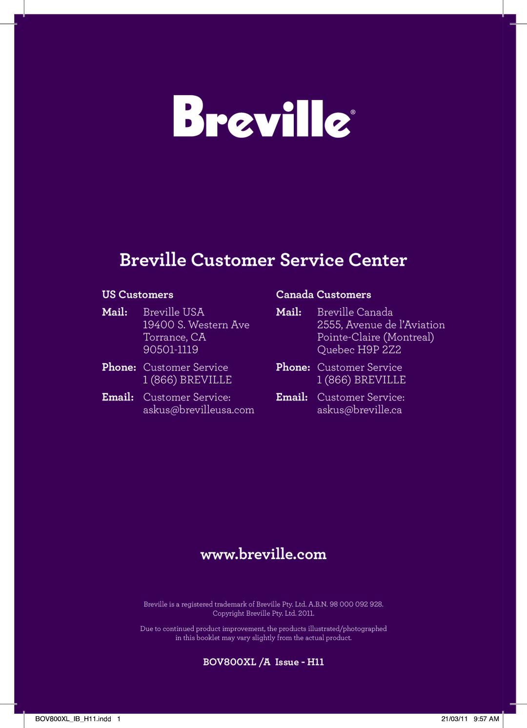 Breville BTM800XL Stainless, BOV800XL manual Breville Customer Service Center, US Customers Canada Customers Mail 