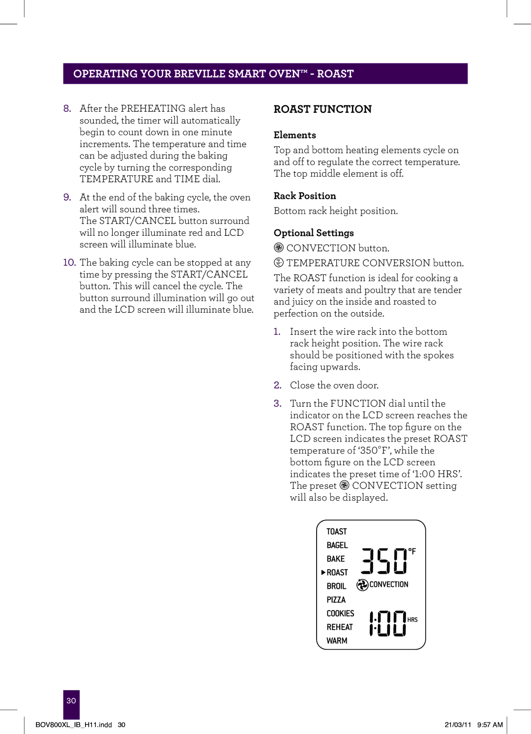 Breville BTM800XL Stainless, BOV800XL manual Operating your Breville Smart Oven Roast, Roast Function 