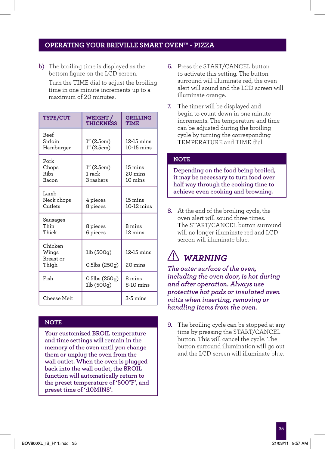 Breville BOV800XL, BTM800XL Stainless Operating your Breville Smart Oven pizza, Type/Cut Weight Grilling Thickness Time 