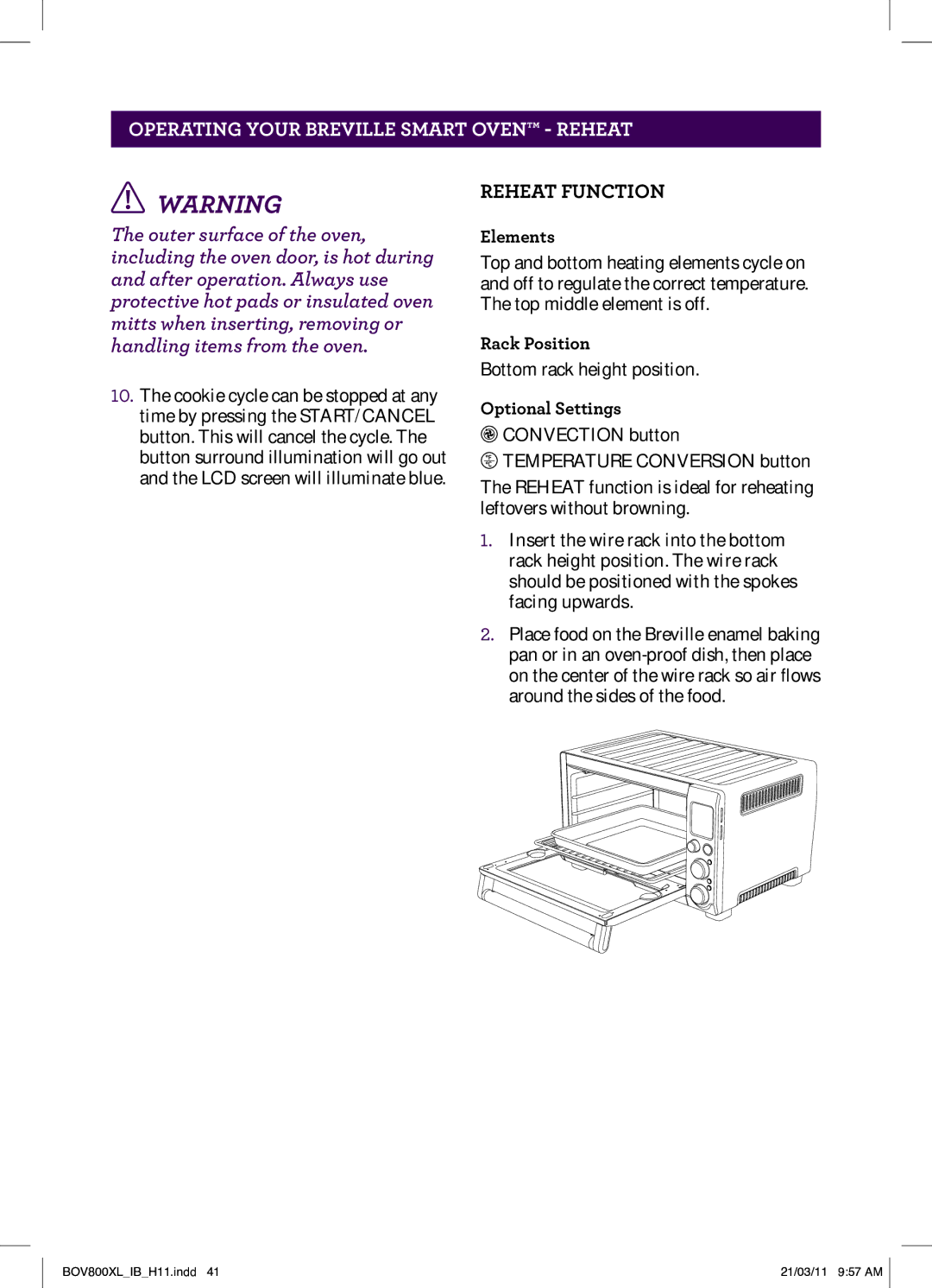 Breville BOV800XL, BTM800XL Stainless manual Operating your Breville Smart Oven reheat, Reheat Function 