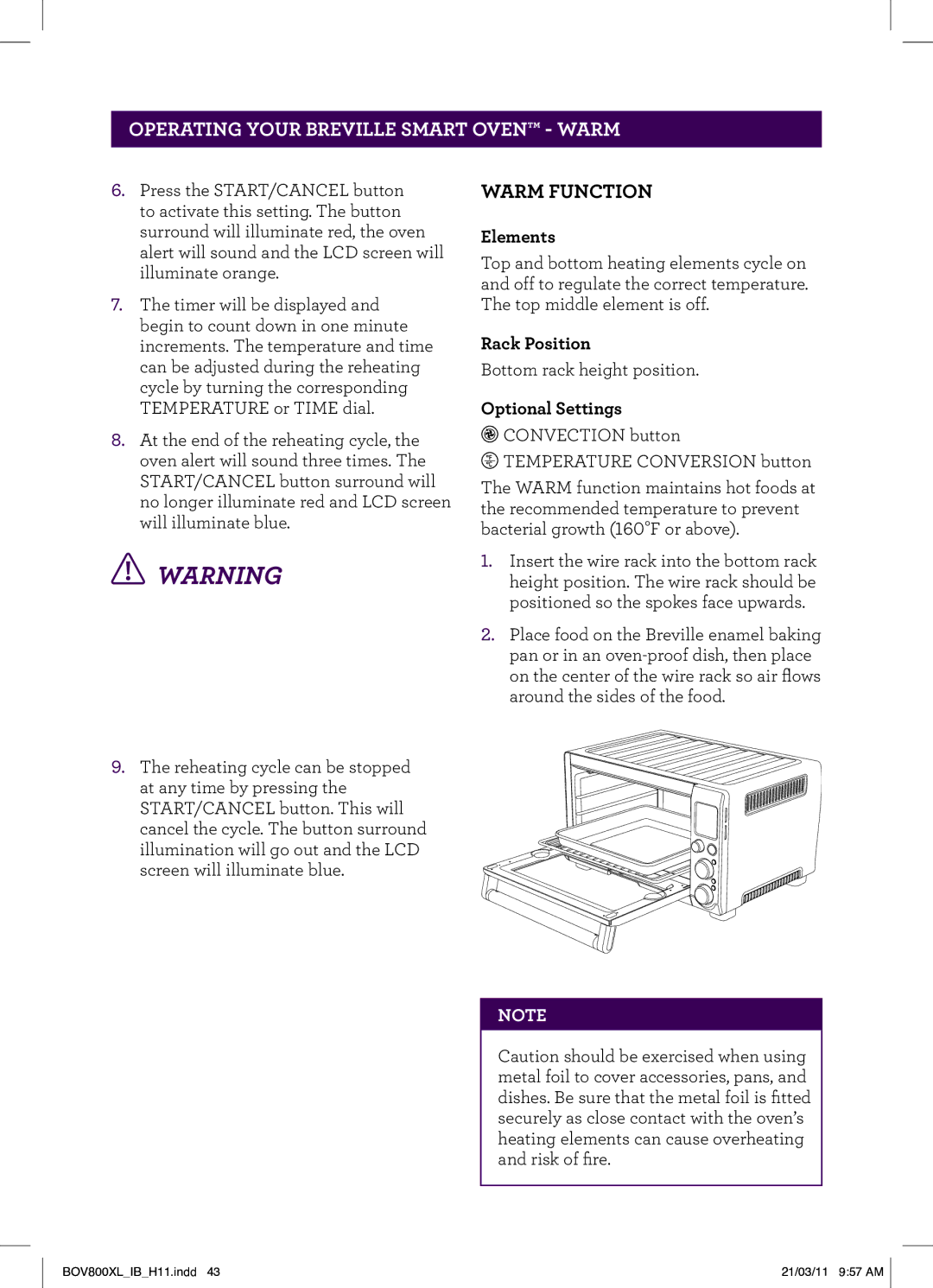 Breville BOV800XL, BTM800XL Stainless manual Operating your Breville Smart Oven warm, Warm Function 