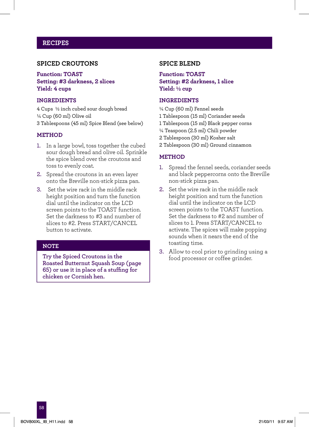 Breville BTM800XL Stainless manual Spiced Croutons, Spice Blend, Function Toast Setting #3 darkness, 2 slices Yield 4 cups 