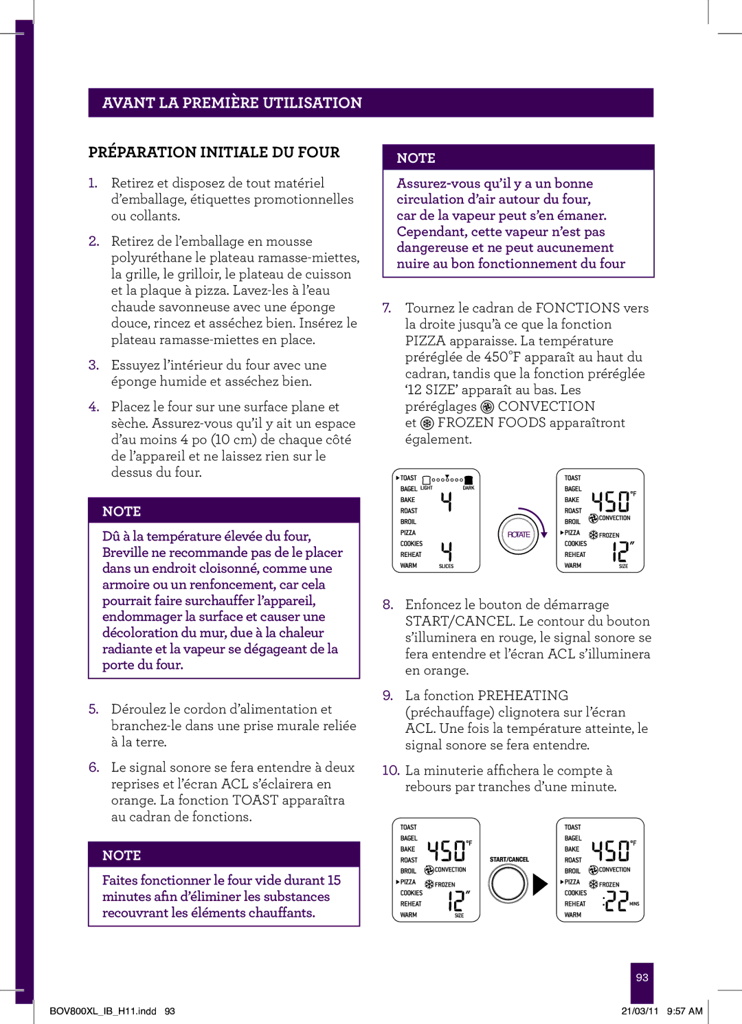 Breville BOV800XL, BTM800XL Stainless manual Avant la première utilisation, Préparation Initiale DU Four 