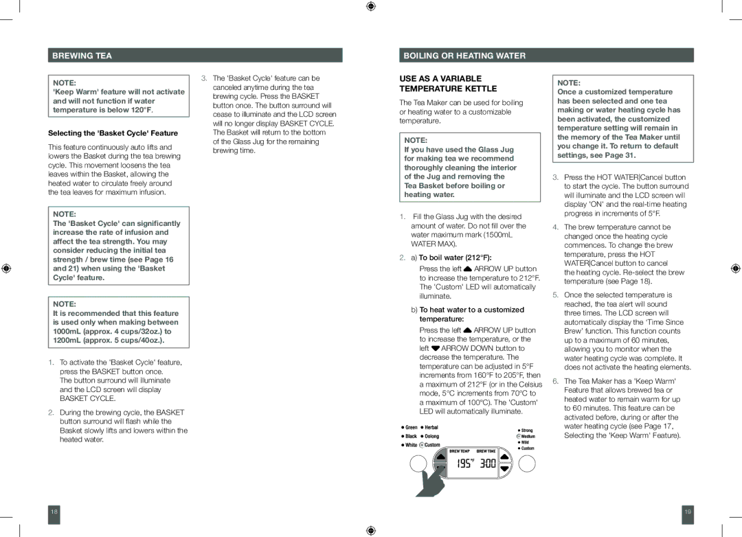 Breville BTM800XL manual Boiling or Heating Water, USE AS a Variable Temperature Kettle, Selecting the Basket Cycle Feature 