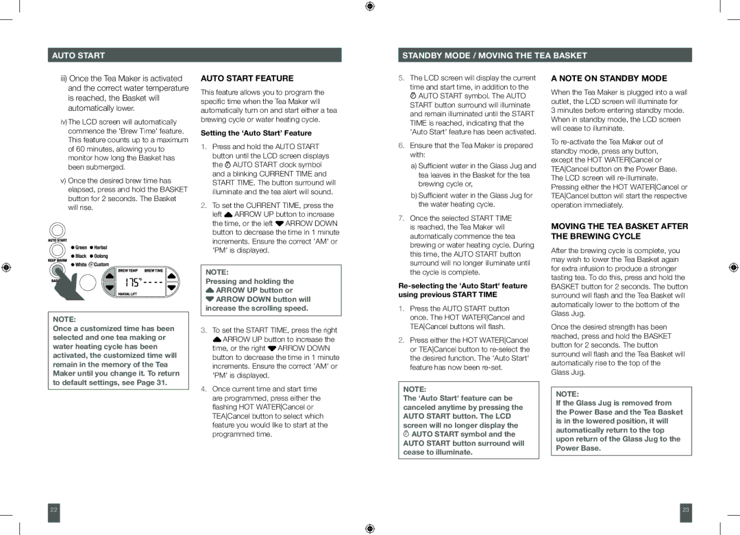 Breville BTM800XL Auto Start Standby Mode / Moving the TEA Basket, Auto Start Feature, Setting the ‘Auto Start’ Feature 