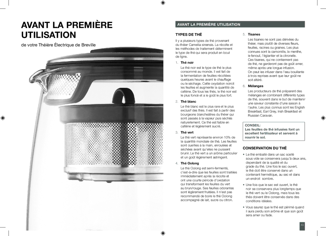 Breville BTM800XL manual Avant LA Première Utilisation, Types DE THÉ 