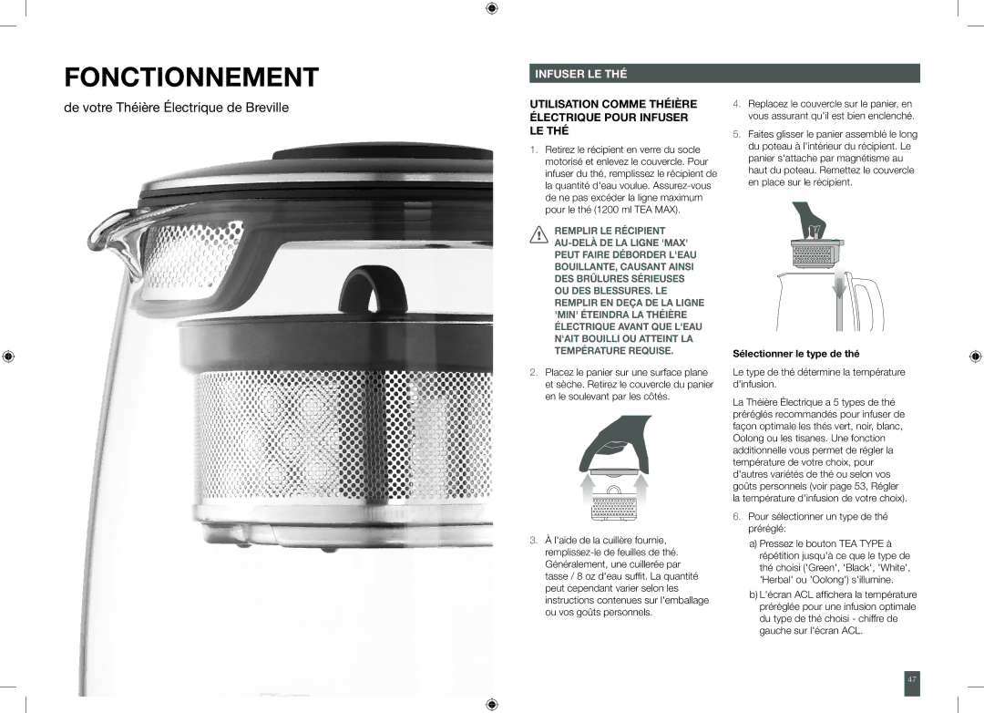 Breville BTM800XL manual Fonctionnement, Utilisation Comme Théière Électrique Pour Infuser LE THÉ 