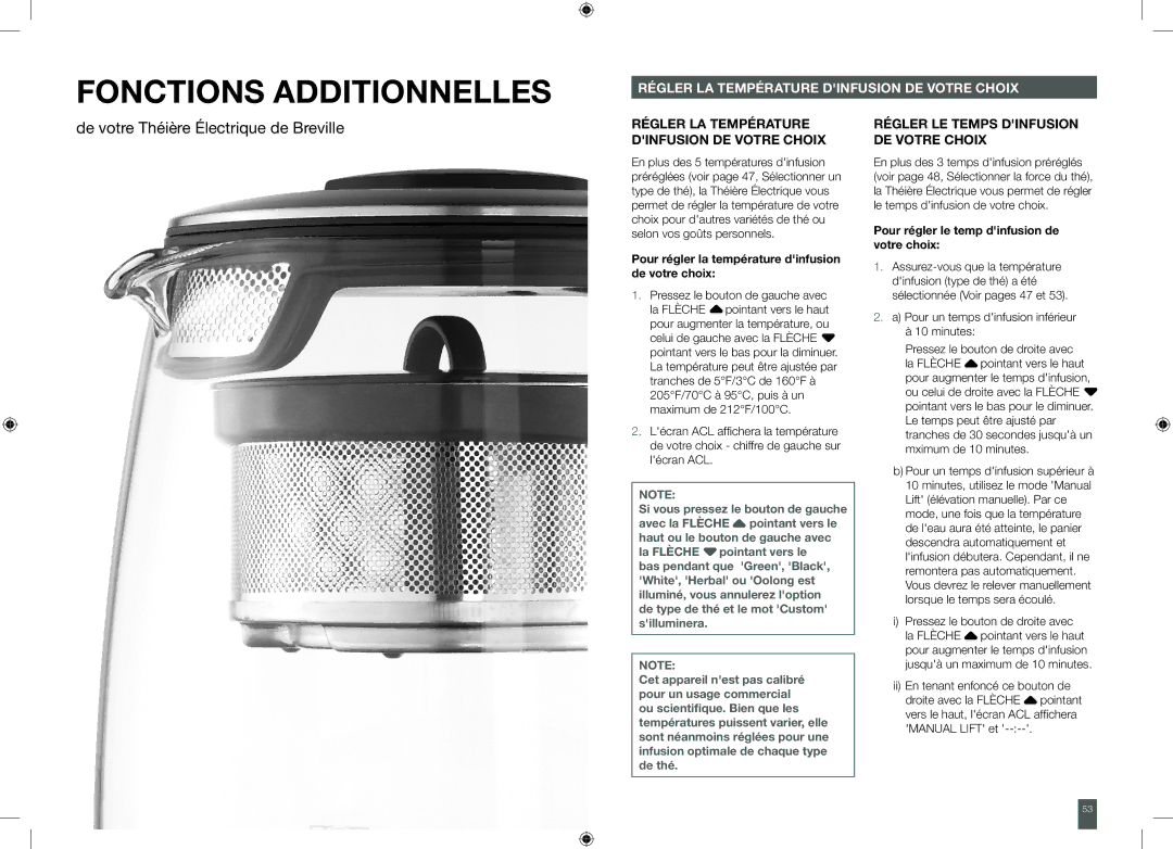 Breville BTM800XL manual Fonctions Additionnelles, Régler LA Température Dinfusion DE Votre Choix 