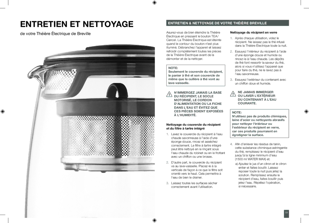 Breville BTM800XL Entretien ET Nettoyage, Entretien & Nettoyage DE Votre Théière Breville, Nettoyage du récipient en verre 