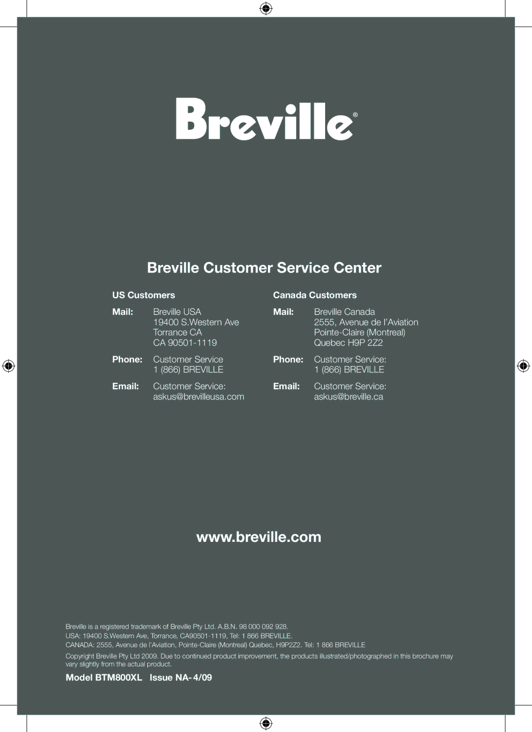 Breville BTM800XL manual Breville Customer Service Center 