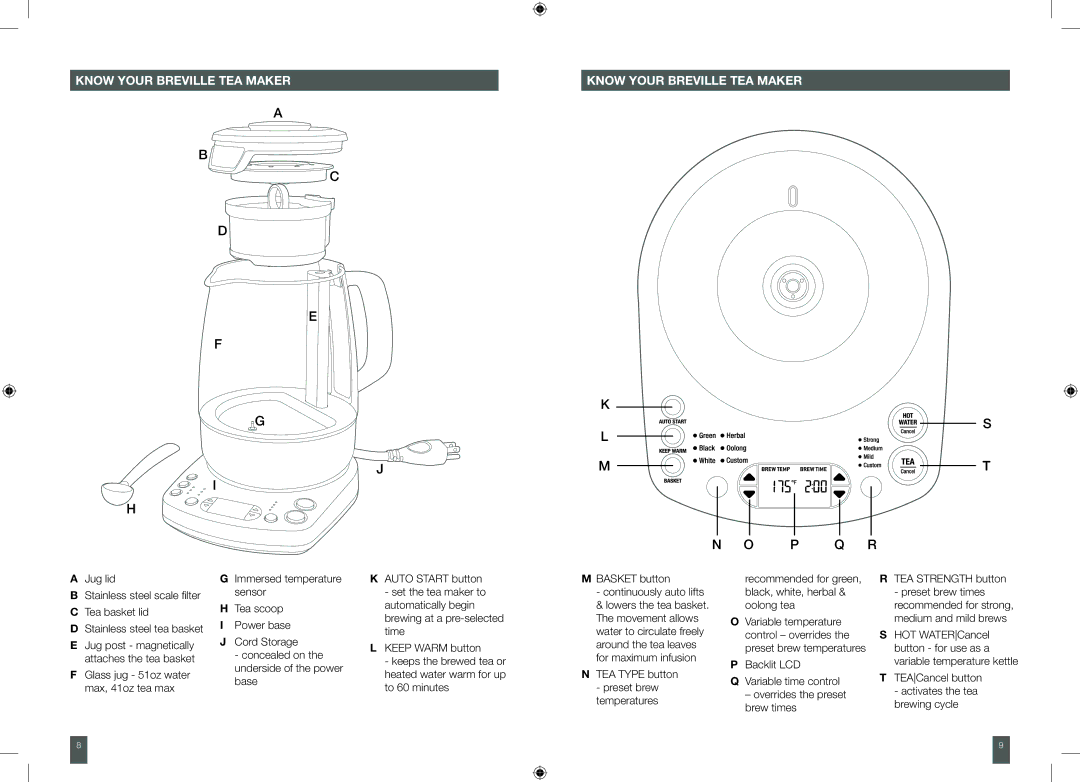 Breville BTM800XL manual Know Your Breville TEA Maker, TEACancel button Activates the tea brewing cycle 