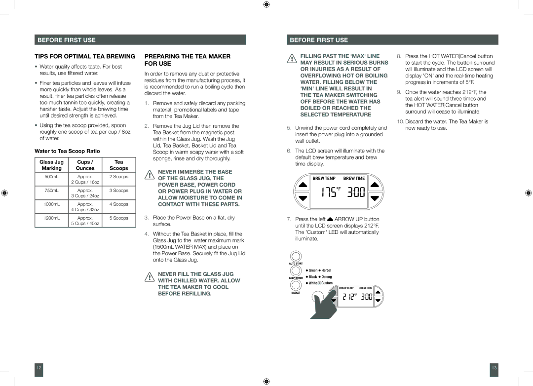 Breville BTM800XL manual Tips for Optimal TEA Brewing, Preparing the TEA Maker for USE, Water to Tea Scoop Ratio 