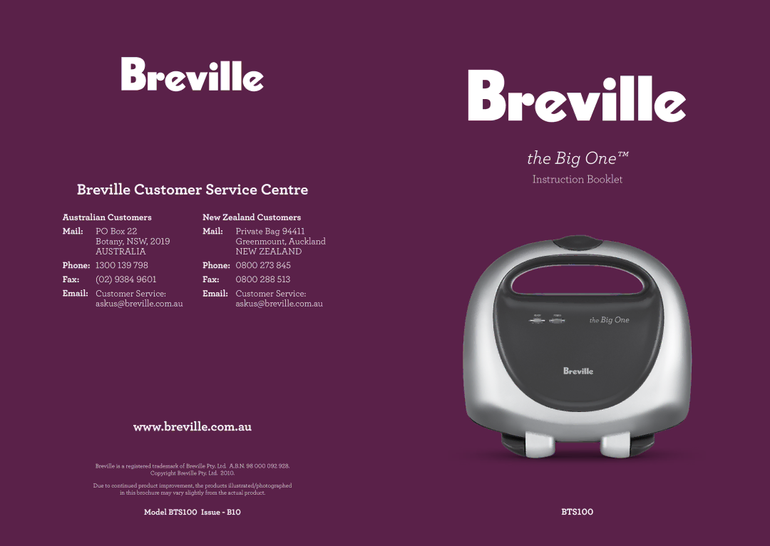 Breville BTS100 brochure Australian Customers New Zealand Customers Mail, Phone, Fax 