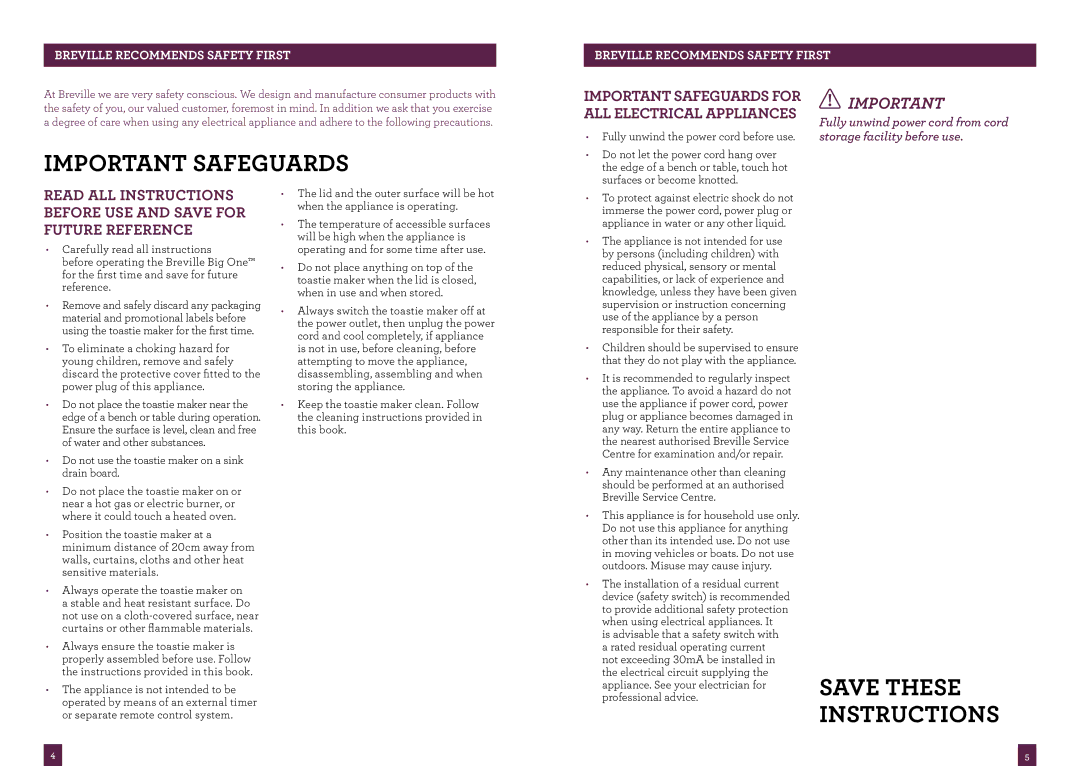 Breville BTS100 brochure Important safeguards, Breville recommends safety first 