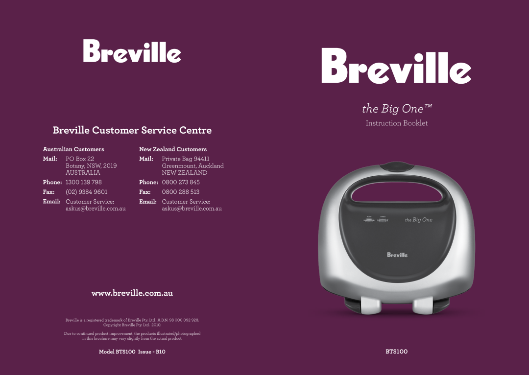 Breville BTS100 brochure Australian Customers, New Zealand Customers, Mail, Phone, the Big One, Instruction Booklet 