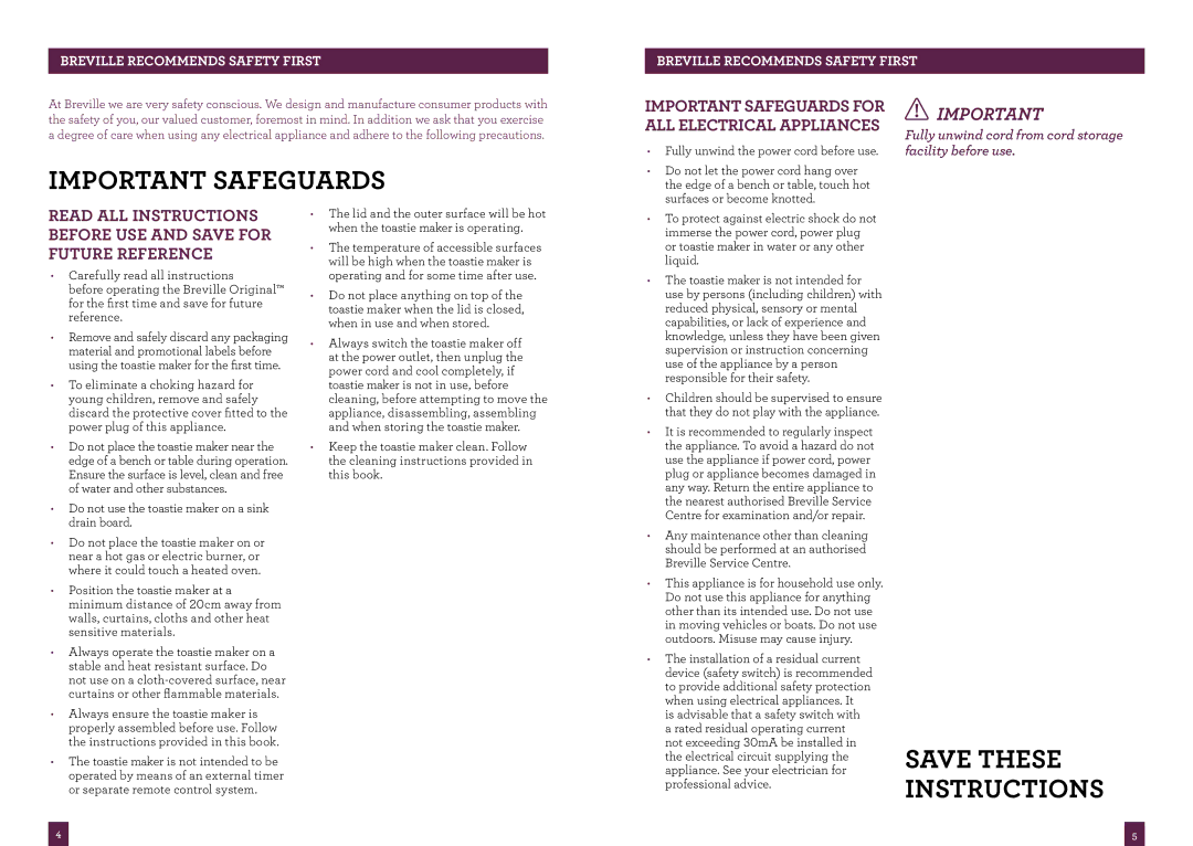 Breville BTS400, BTS200 brochure Important safeguards, Breville recommends safety first 