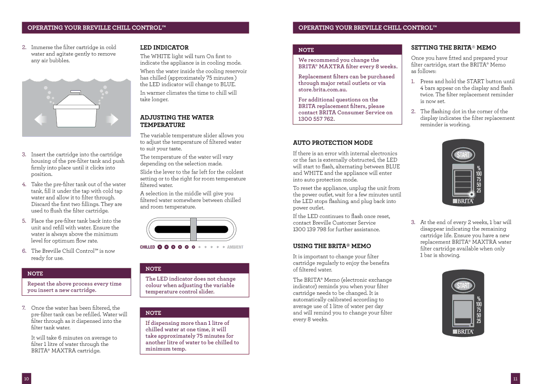 Breville BWC200 manual LED Indicator, Adjusting the Water Temperature, Setting the BRita Memo, Auto PRotection Mode 