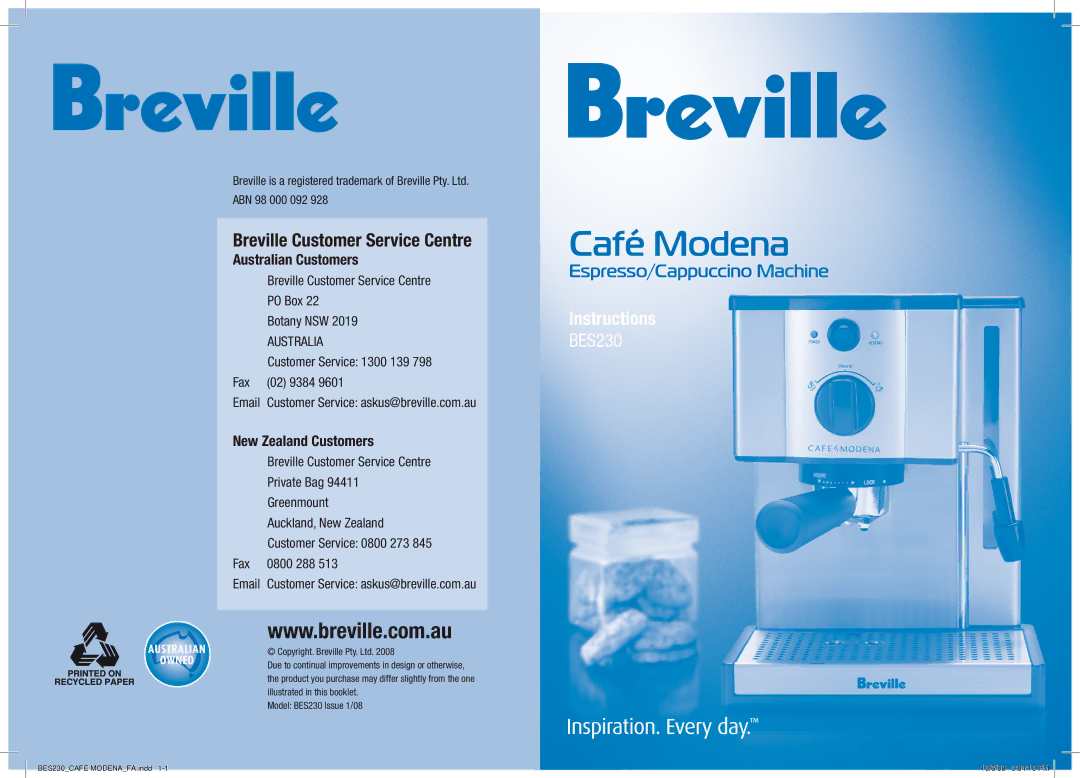 Breville CAFE MODENA Espresso/Cappuccino Machine, BES230 manual Café Modena 