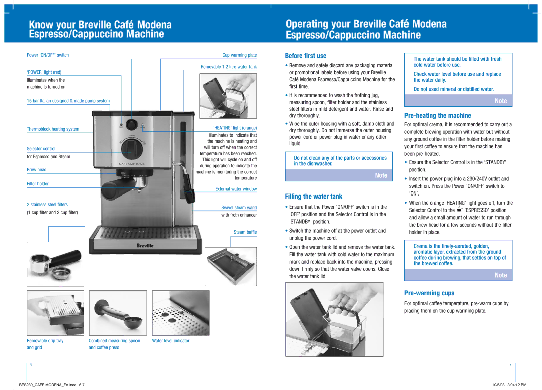 Breville BES230 manual Before first use, Filling the water tank, Pre-heating the machine, Pre-warming cups 