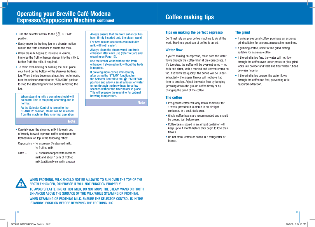 Breville BES230 manual Coffee making tips, Tips on making the perfect espresso, Water flow, Grind 