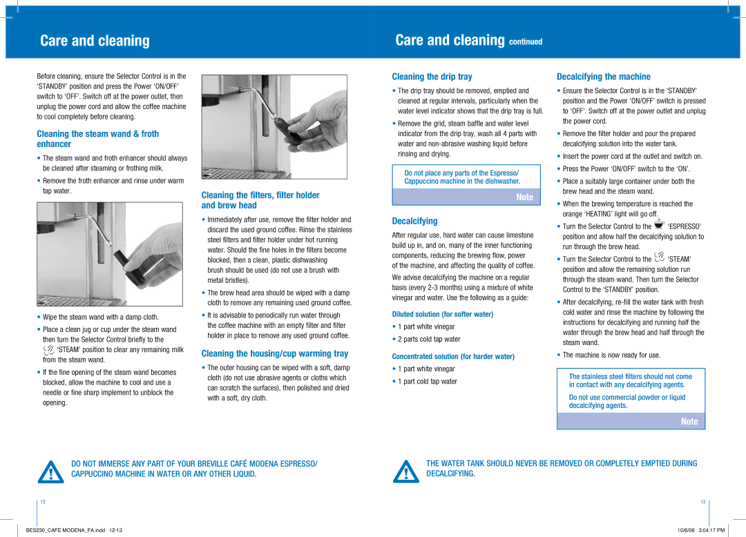 Breville CAFE MODENA Espresso/Cappuccino Machine, BES230 manual Care and cleaning 