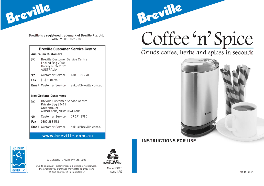 Breville CG2B manual Instructions for USE 