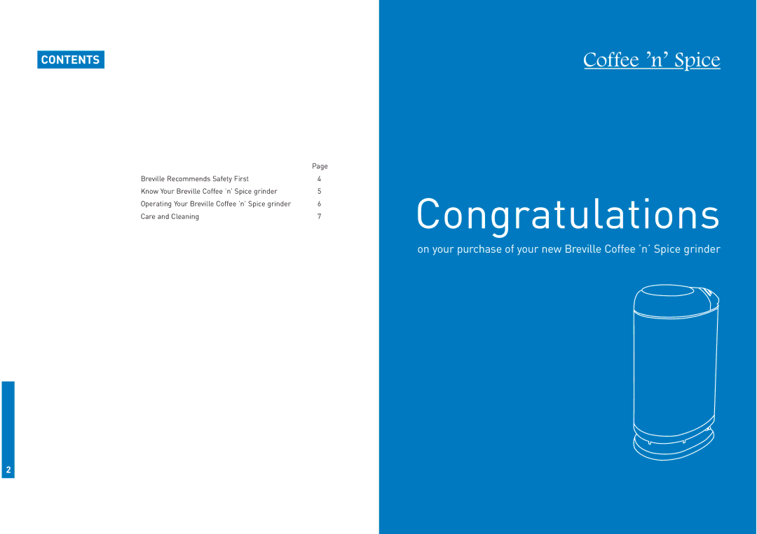 Breville CG2B manual Congratulations, Contents 