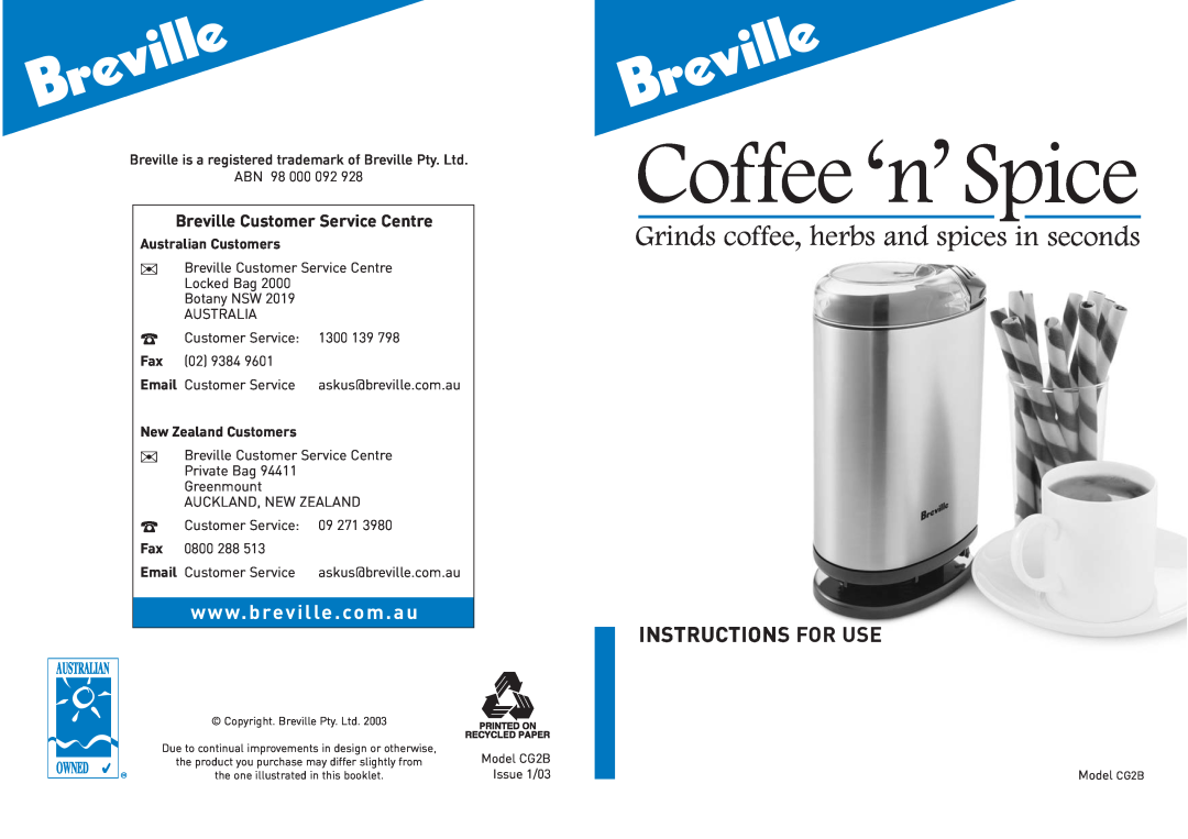 Breville CG2B manual Coffee ‘n’ Spice Grinds coffee, herbs and spices in seconds, Instructions For Use 