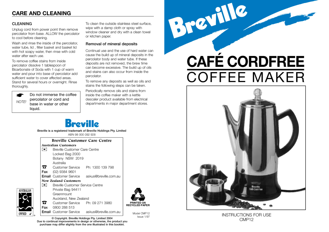 Breville CMP12 manual Care and Cleaning 